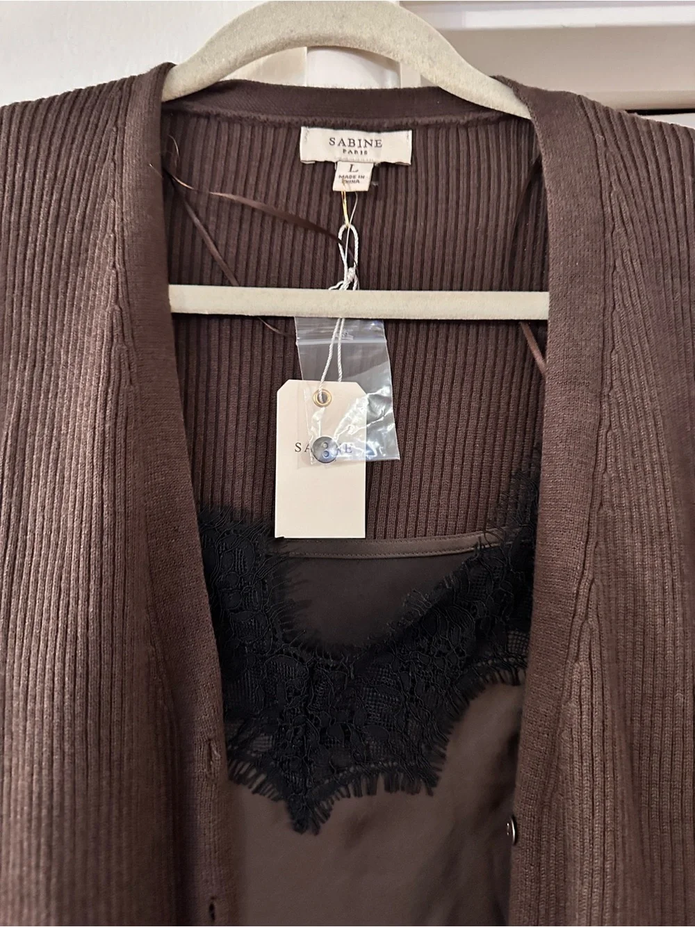 Sabine Brown Ribbed Cardigan with Black Lace-Trim Cami